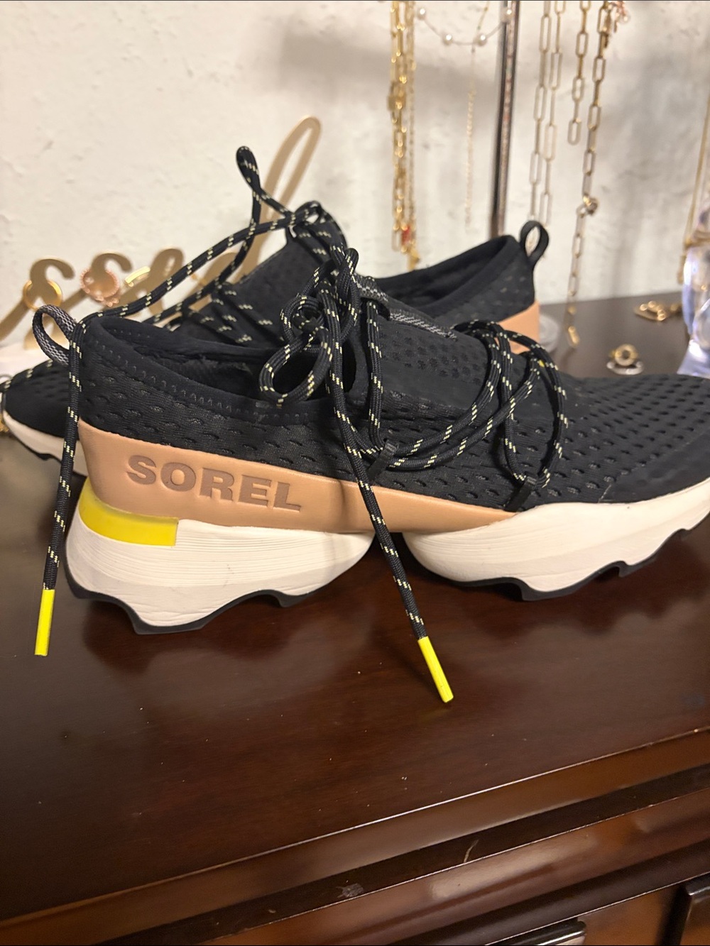 Sorel Black Knit Lace-Up Sneakers with Blush and Yellow Accents